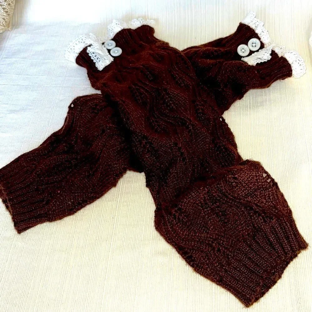 Boot Socks Brown and Cream Cozy Soft & Warm with Ruffle & Button Detail
